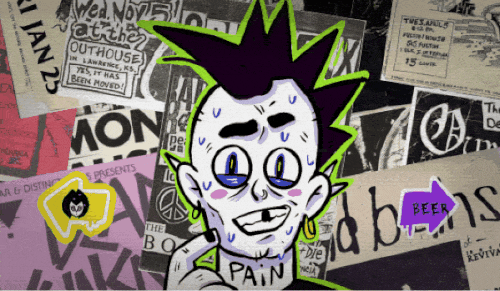Slamdating's hand-drawn punk character with green spiked hair against a poster-covered background