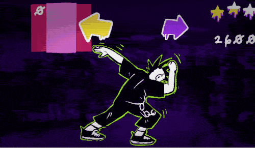 Slamdating rhythm gameplay with a dancing punk character, directional arrows, and a score display
