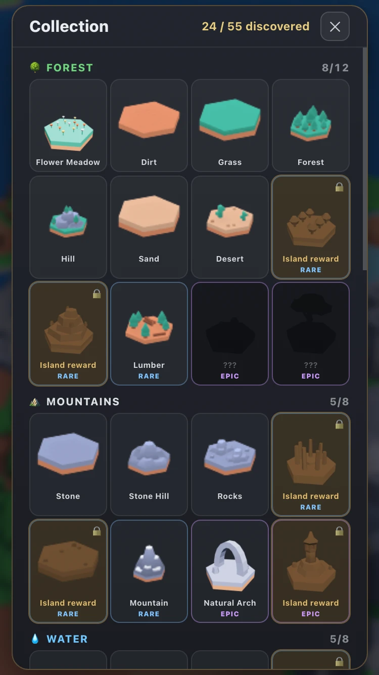 Build Your Island Collection showing discovered forest and mountain terrain with locked rewards