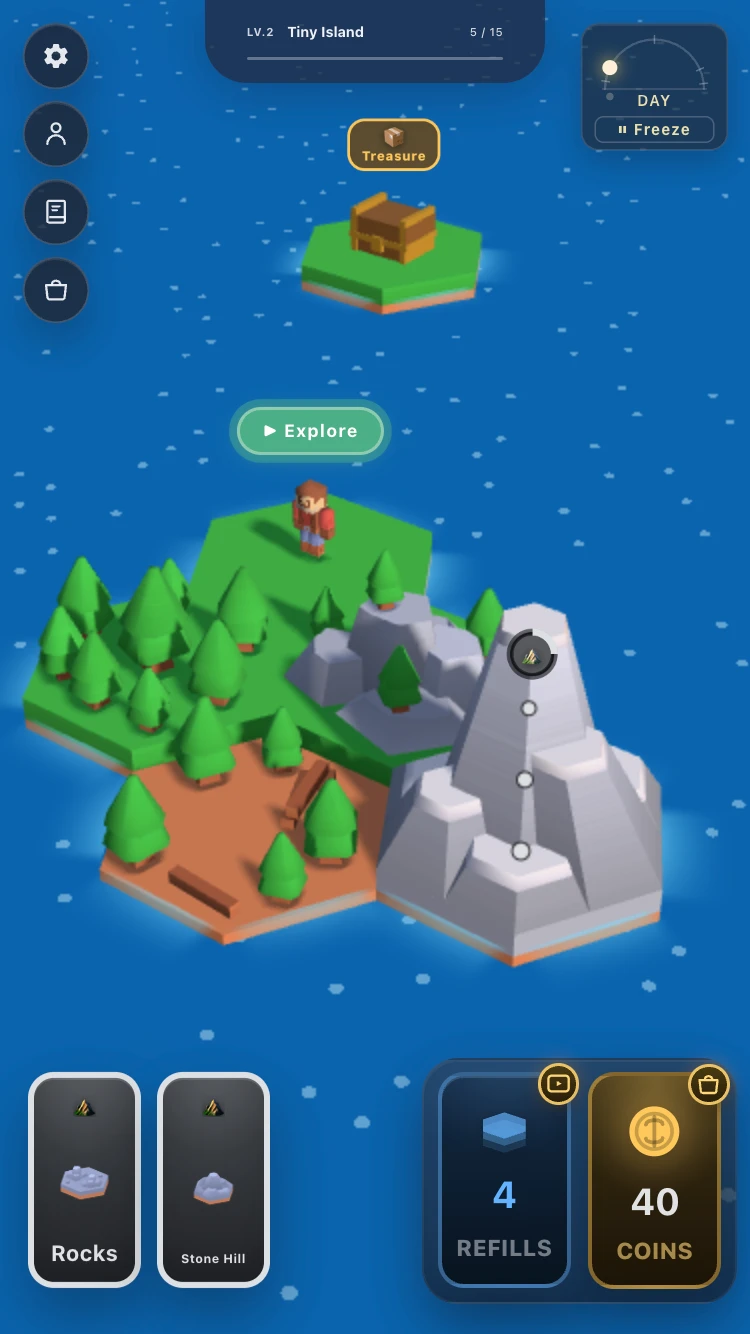 Build Your Island early forest and mountain tiles beside an Explore button