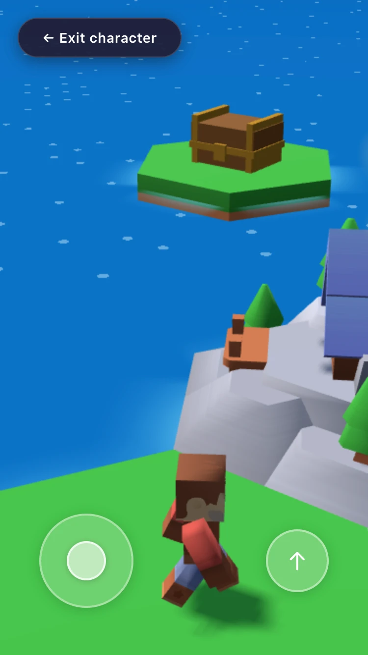 Build Your Island explorer using the on-screen joystick near a shoreline and treasure island