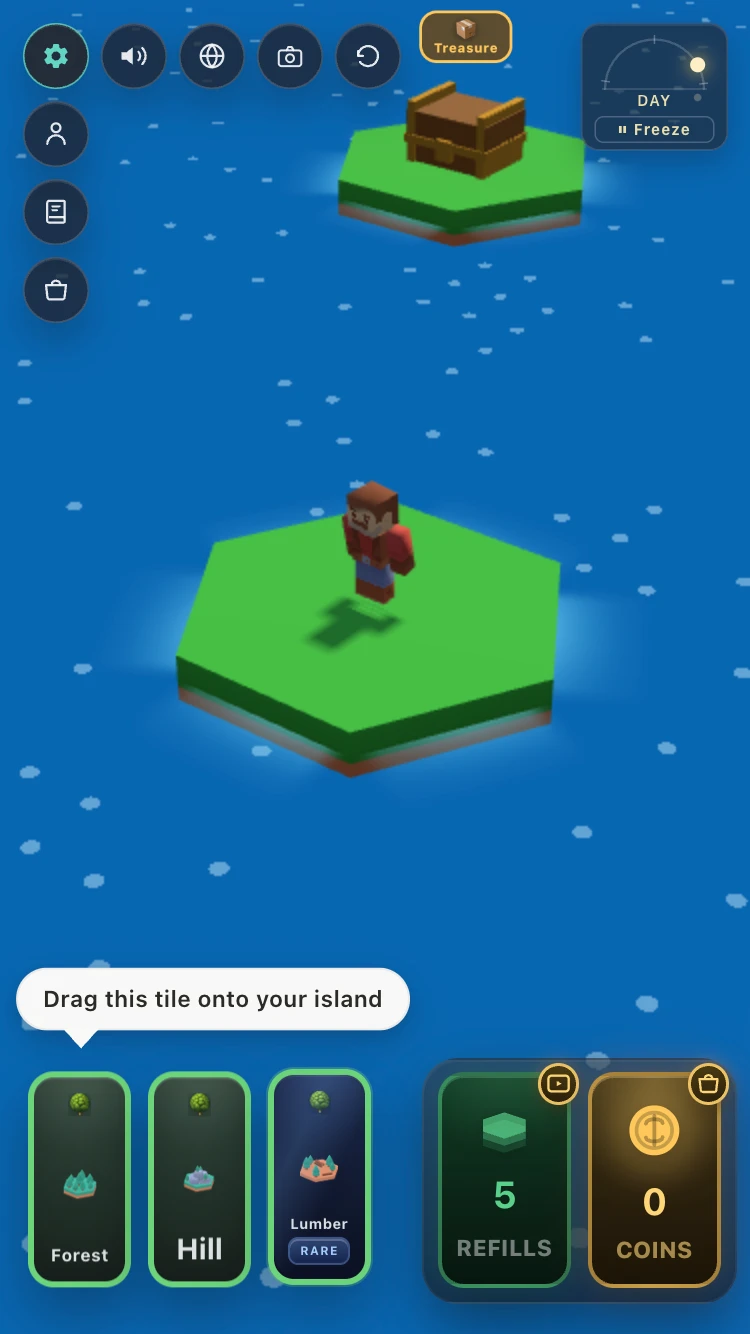 Build Your Island first grass tile with Forest, Hill, and Lumber cards and a drag tutorial