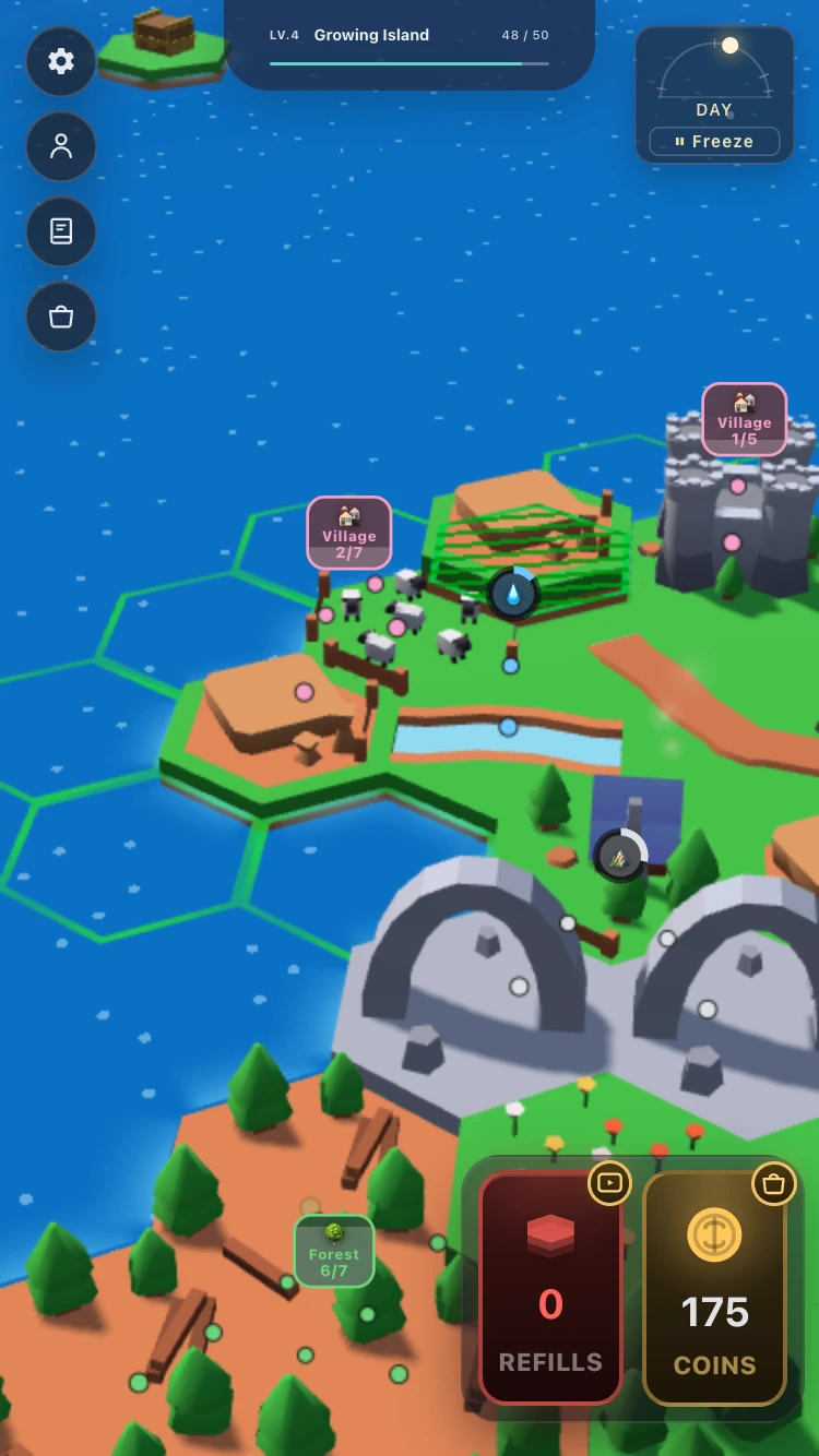 Build Your Island growing island with Forest and Village counters, water, and natural stone arches