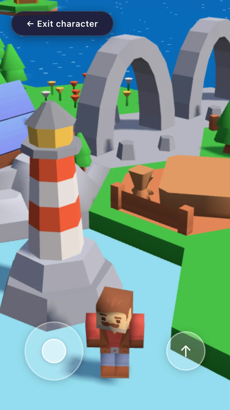 Build Your Island red-shirt explorer beside a lighthouse, stone arches, and a logging tile