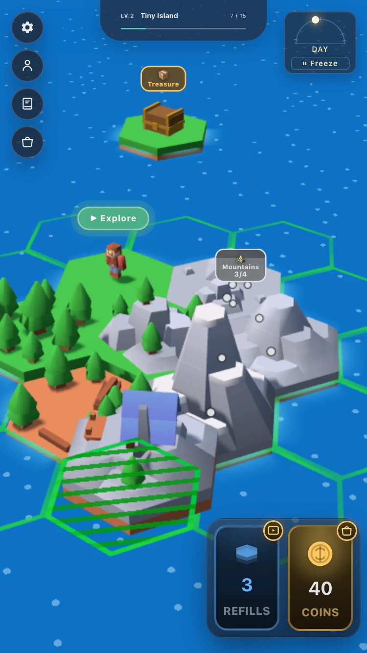 Build Your Island mountain group showing 3 of 4 beside an outlined tile placement