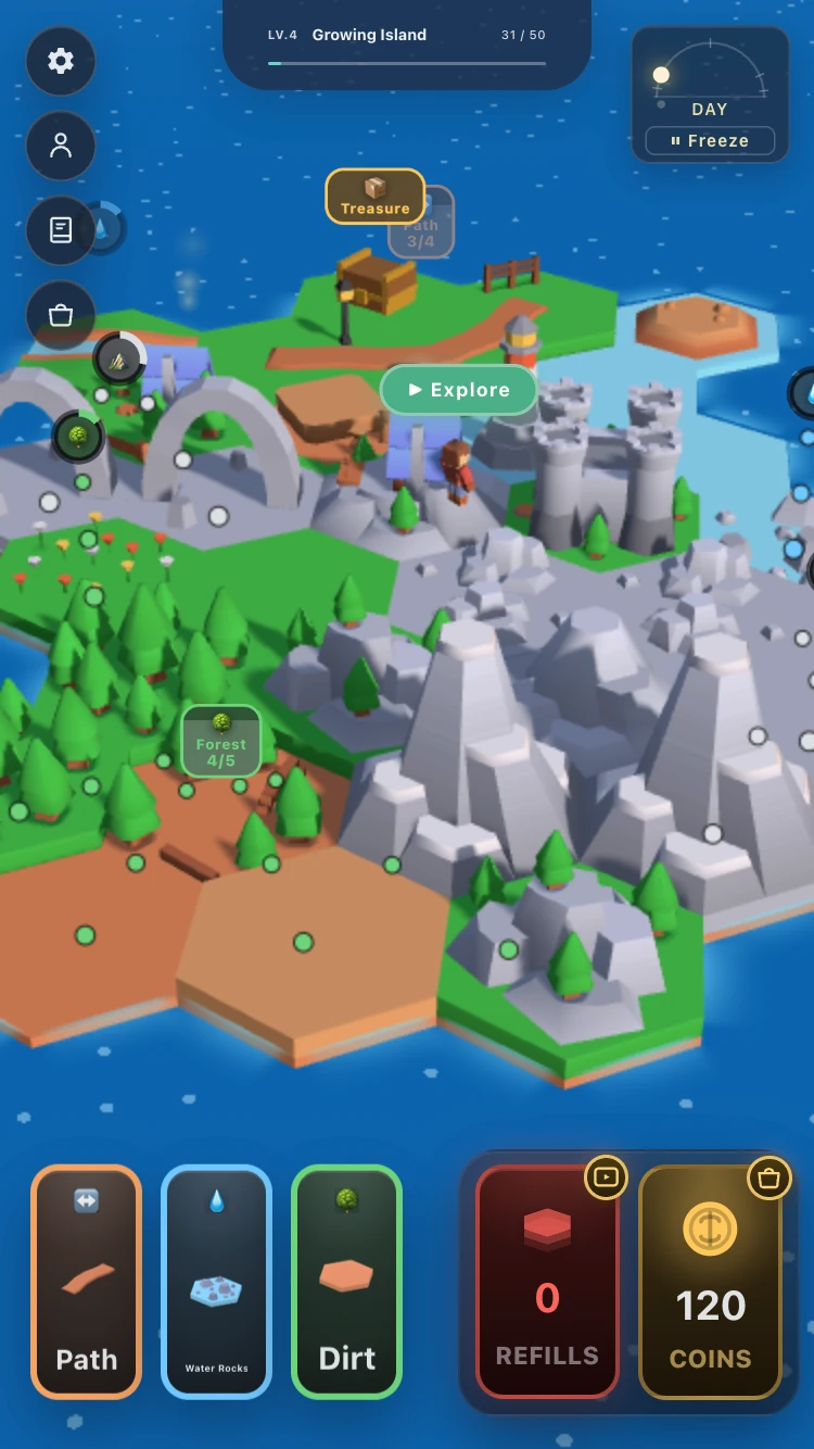 Build Your Island expanded forests and rocky peaks with Path, Water, and Dirt cards