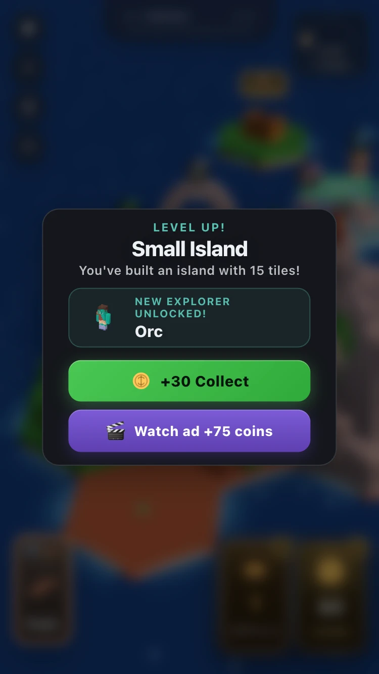 Build Your Island Small Island level-up at 15 tiles unlocking the Orc explorer and coin rewards