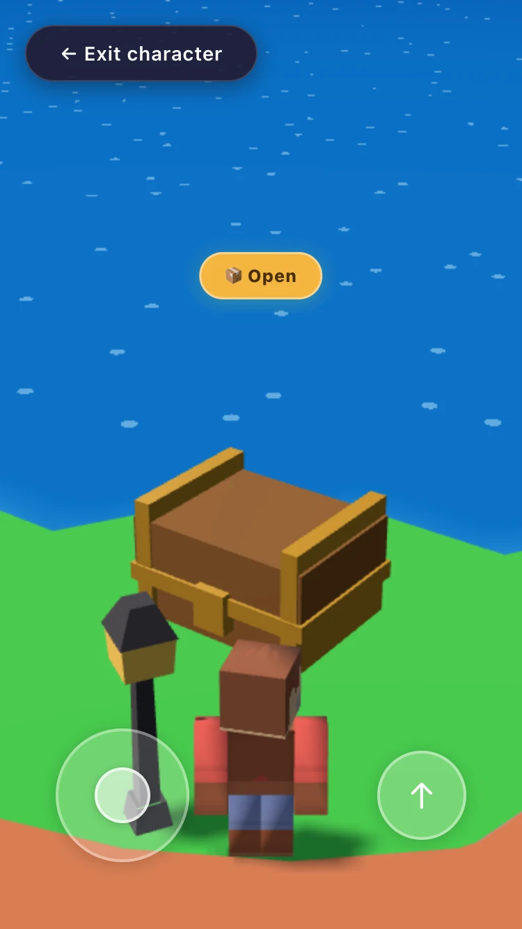 Build Your Island explorer standing beside a treasure chest with an Open button