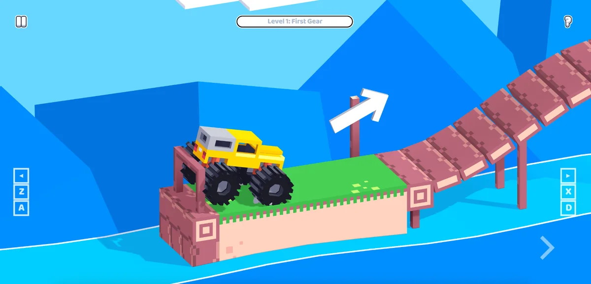 Drive Mad gameplay showing the yellow vehicle on a bridge, with directional controls on both sides of the screen