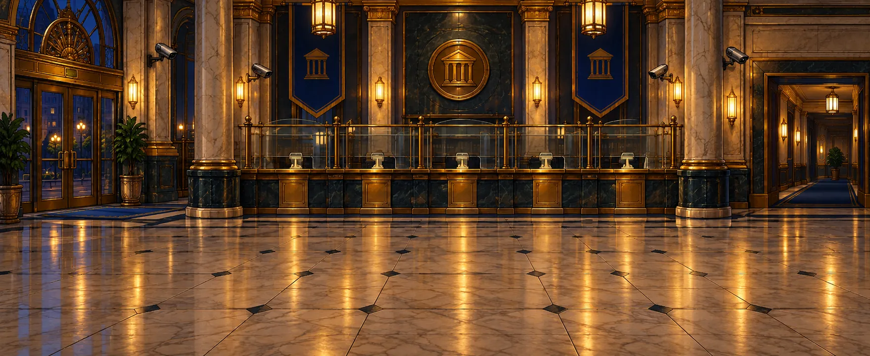 First Rift Bank lobby background with gold-lit teller counters and a polished marble floor