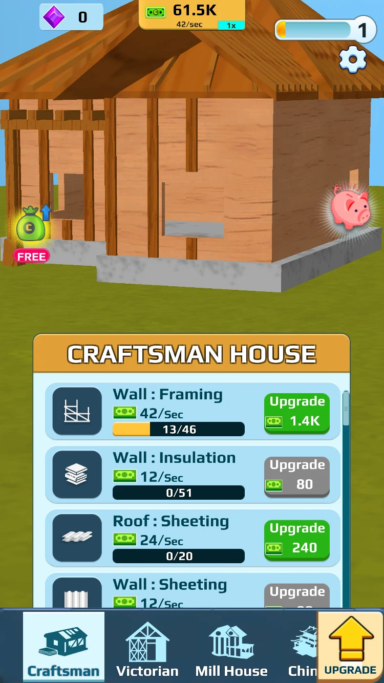 Home Builder Clicker Craftsman House timber frame with wall and roof Upgrade buttons