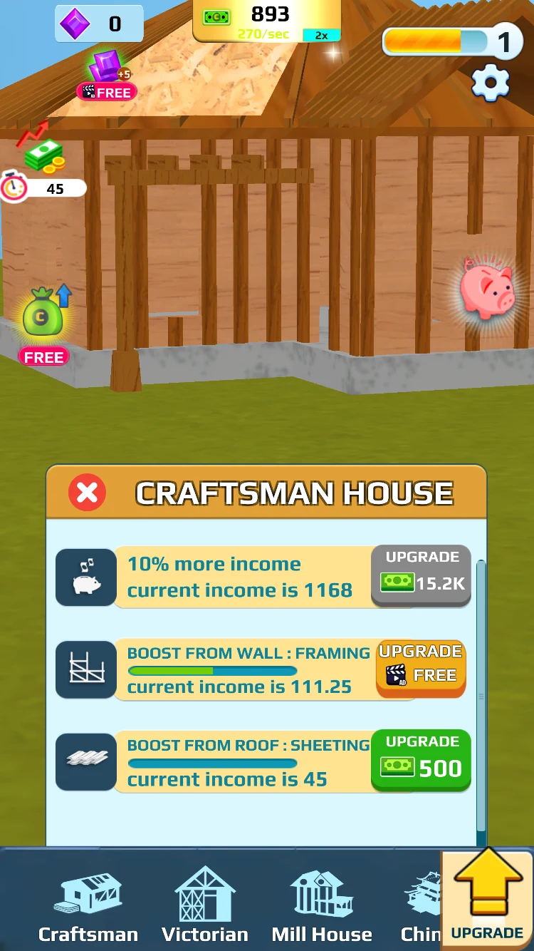 Home Builder Clicker income upgrade panel with a 10 percent income option and building-part boosts