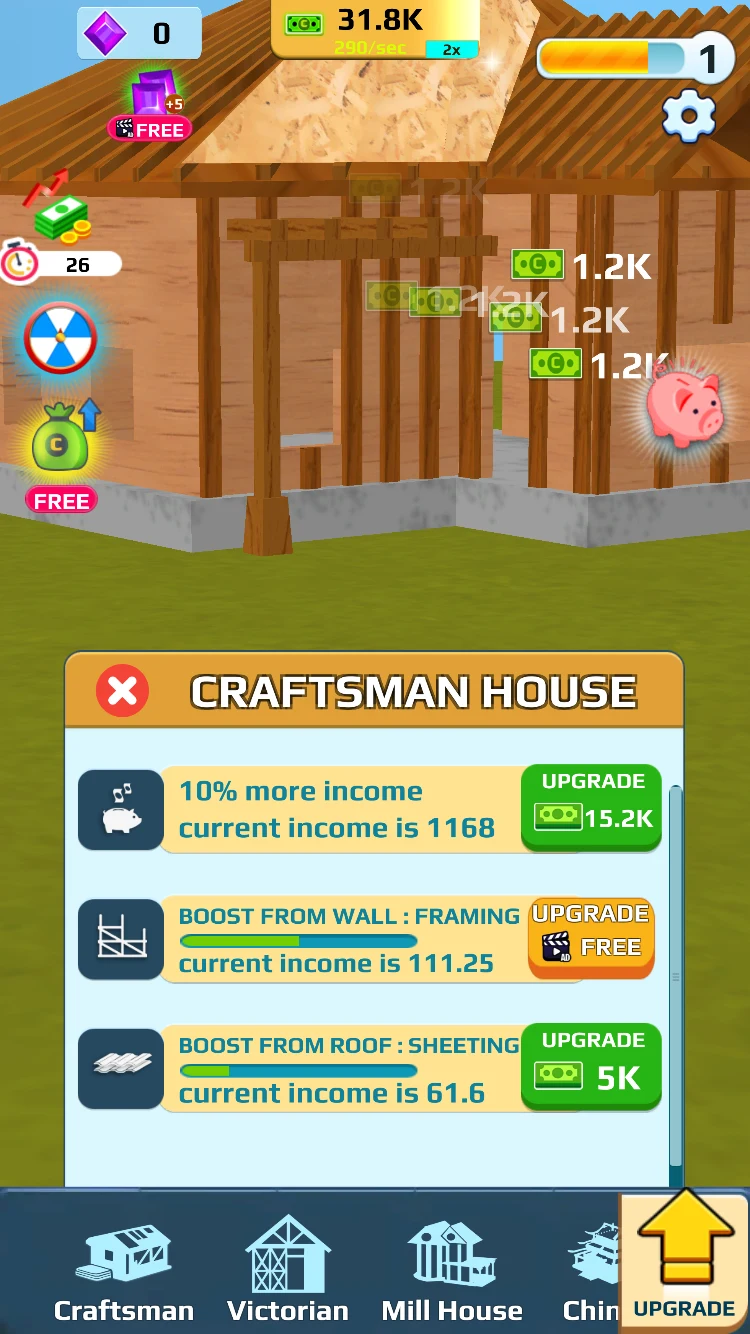 Home Builder Clicker pink piggy bank beside the house with floating cash amounts