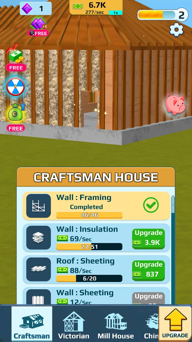 Home Builder Clicker completed wall framing with insulation and roof sheathing upgrades