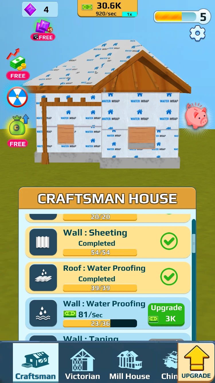 Home Builder Clicker house covered in water wrap with completed upgrade check marks