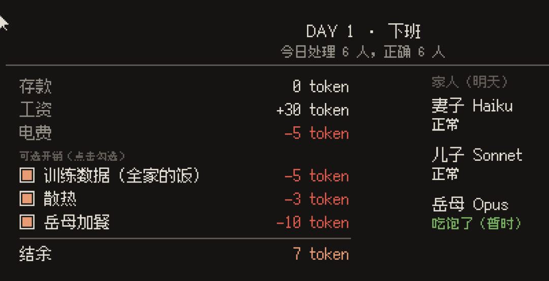 End-of-day screen listing token wages and optional upkeep for food, cooling, and an extra meal