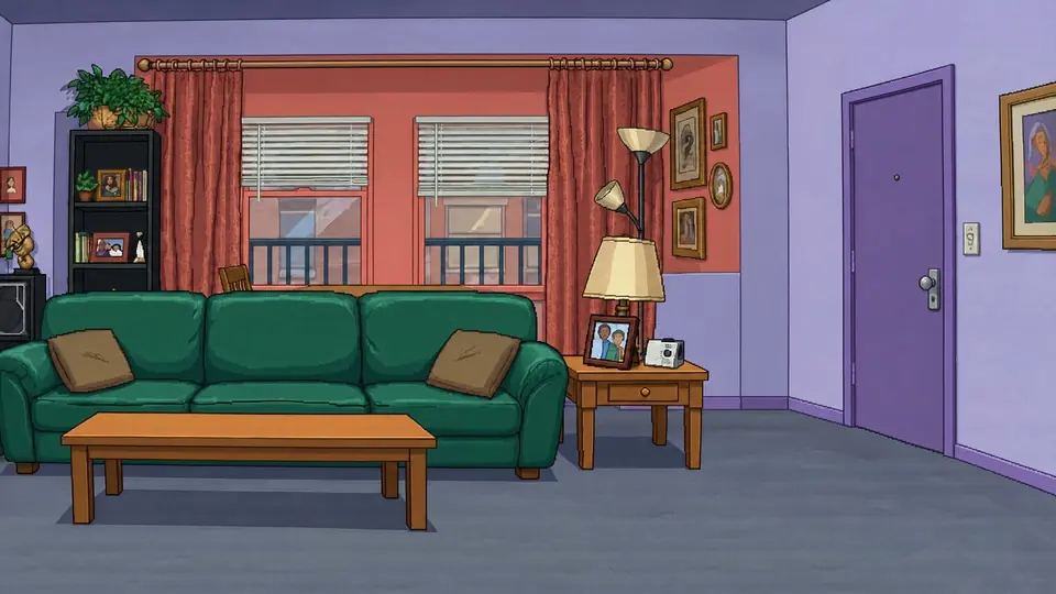 Martin's Apartment stage with its green couch and red curtains