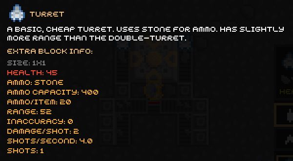 Mindustry Game basic Turret information listing stone ammunition, ammo capacity, range, damage, and firing rate