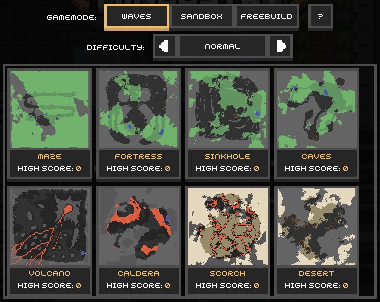 Mindustry Game Classic level selection with Waves, Sandbox, Freebuild, difficulty, and eight map choices
