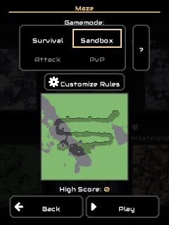 Mindustry Maze map selected in Custom Game with Survival and Sandbox available and Attack and PvP dimmed