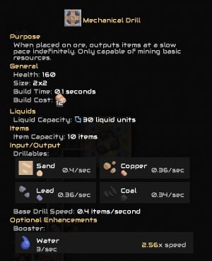 Mindustry Mechanical Drill information showing copper, lead, coal and sand outputs, mining rates, and an optional water boost