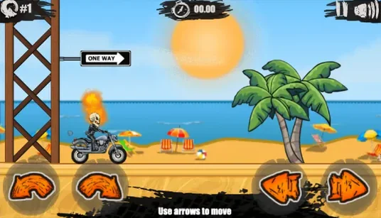 Moto X3M gameplay showing four motorcycle control buttons