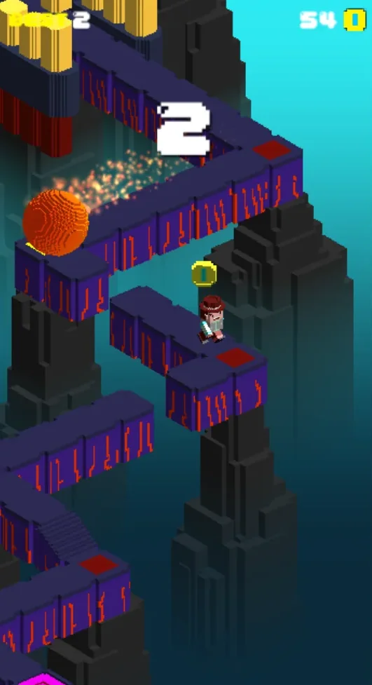 Pixel Escape gameplay with pursuing ball, coins and elevated platforms