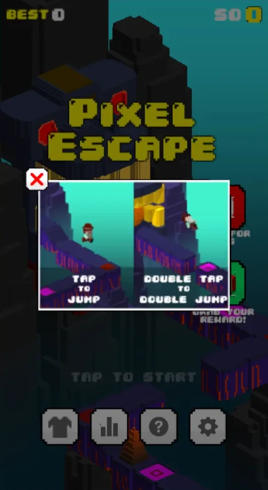 Pixel Escape help guide showing jump and double jump controls