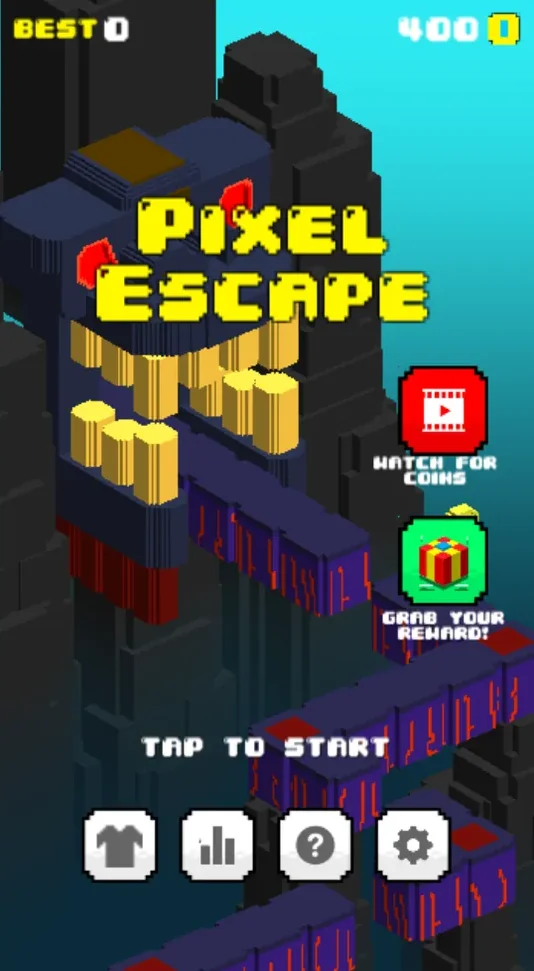 Pixel Escape main menu with outfit, leaderboard and help buttons