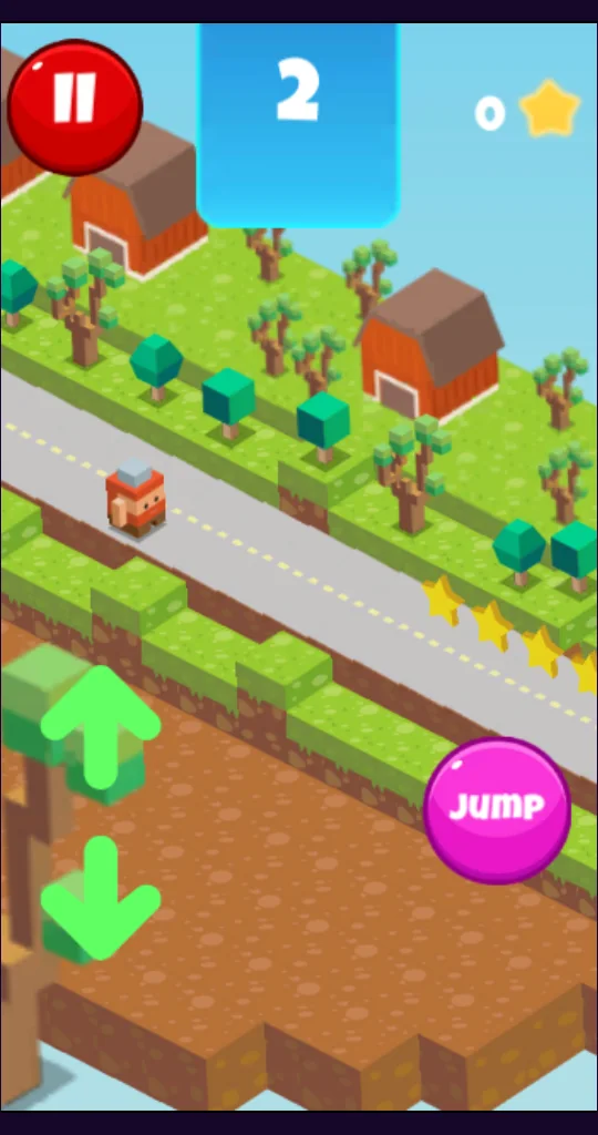 Pixel Runner gameplay with movement controls jump button and collectible stars