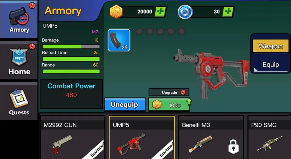 Pixel Sharpshooter Armory with weapon stats equipment and upgrades