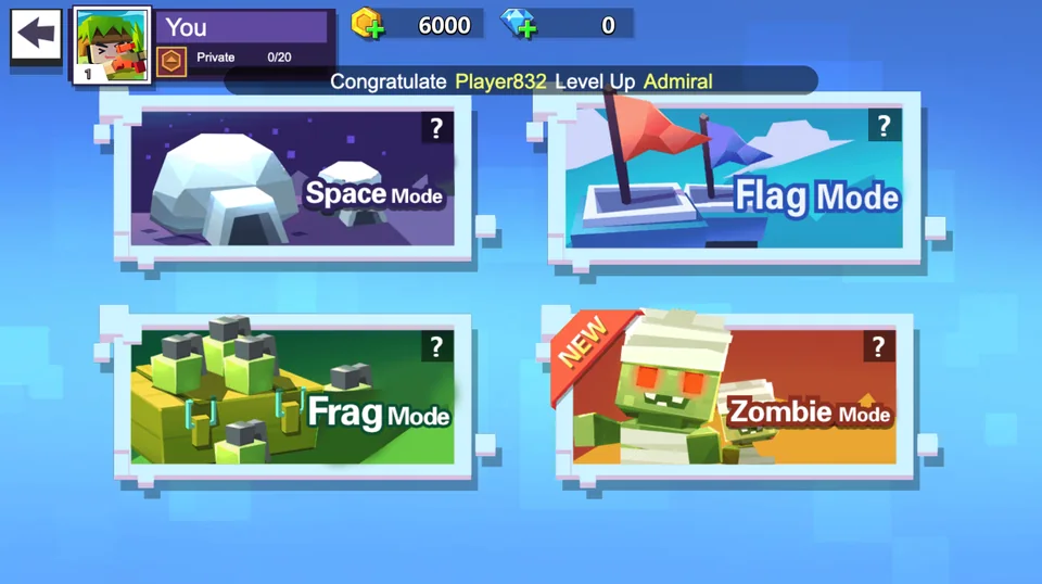 Pixel Shooter Fight Mode selection with Space, Flag, Frag, and Zombie modes