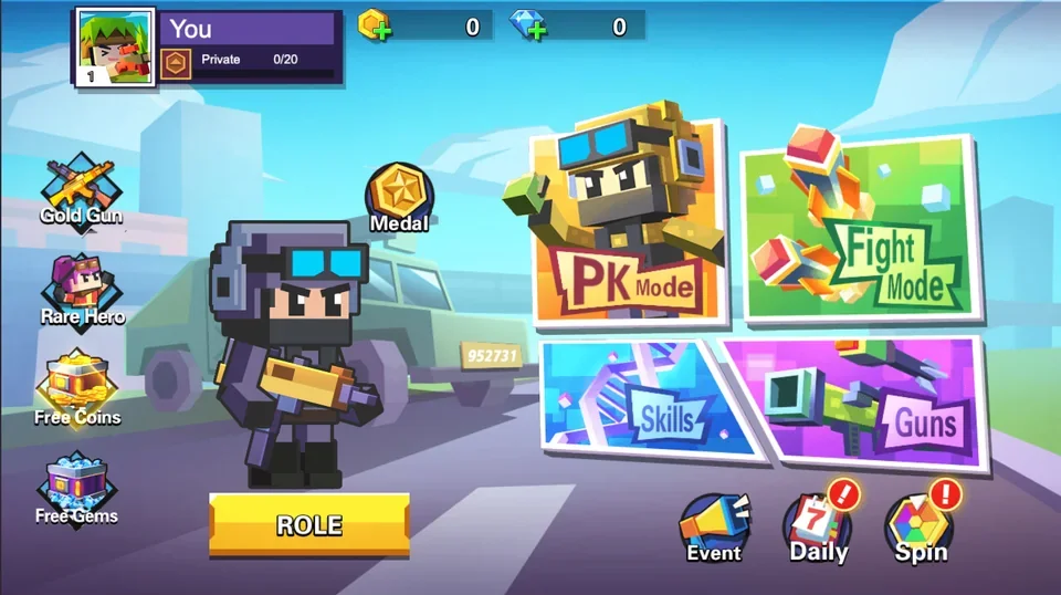 Pixel Shooter main menu with character, PK Mode, Fight Mode, Skills, Guns, and Role options