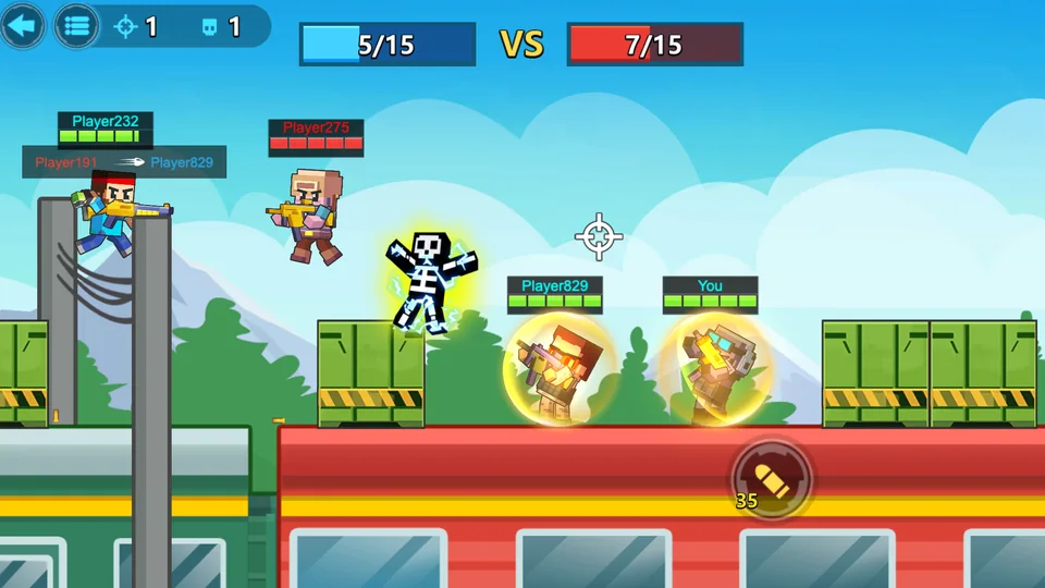 Pixel Shooter PK battle showing opposing teams, health indicators, aiming, and combat