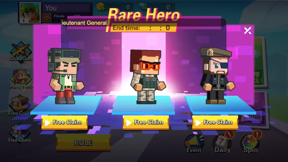 Pixel Shooter Rare Hero screen showing different characters