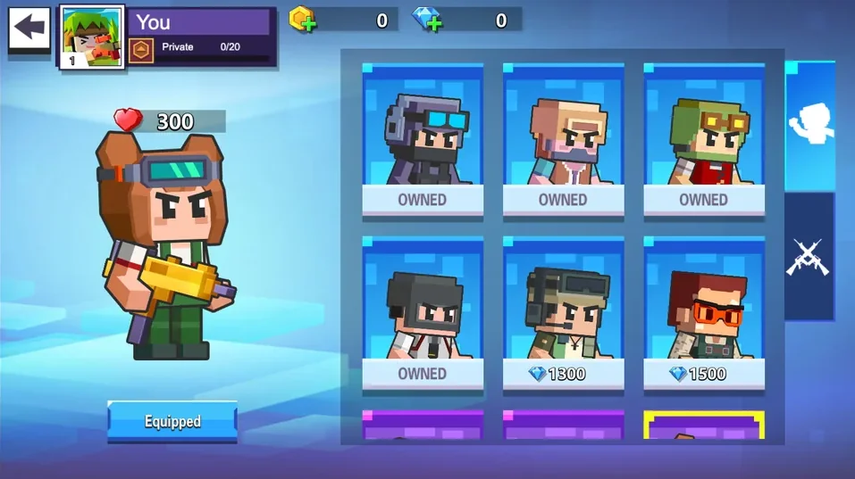 Pixel Shooter Role screen with owned characters and character selection