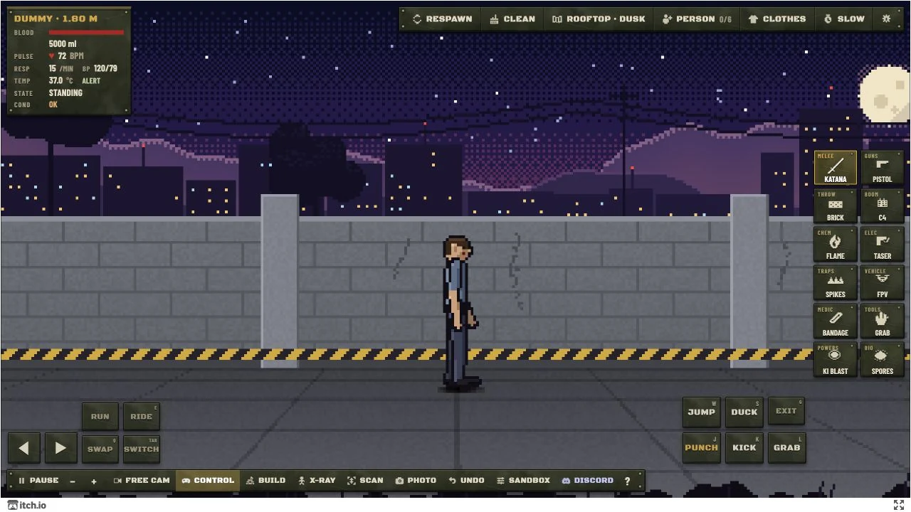 Ragdoll Sandbox Control mode with movement, jump, duck, punch, kick, grab, and switch buttons