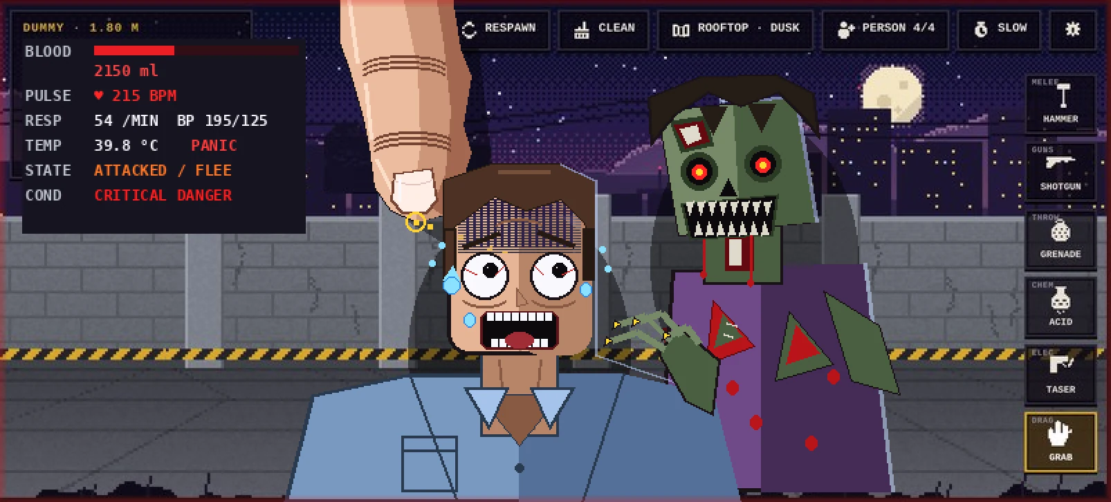 Ragdoll Sandbox dummy held by a grab tool with a zombie behind him on a night rooftop