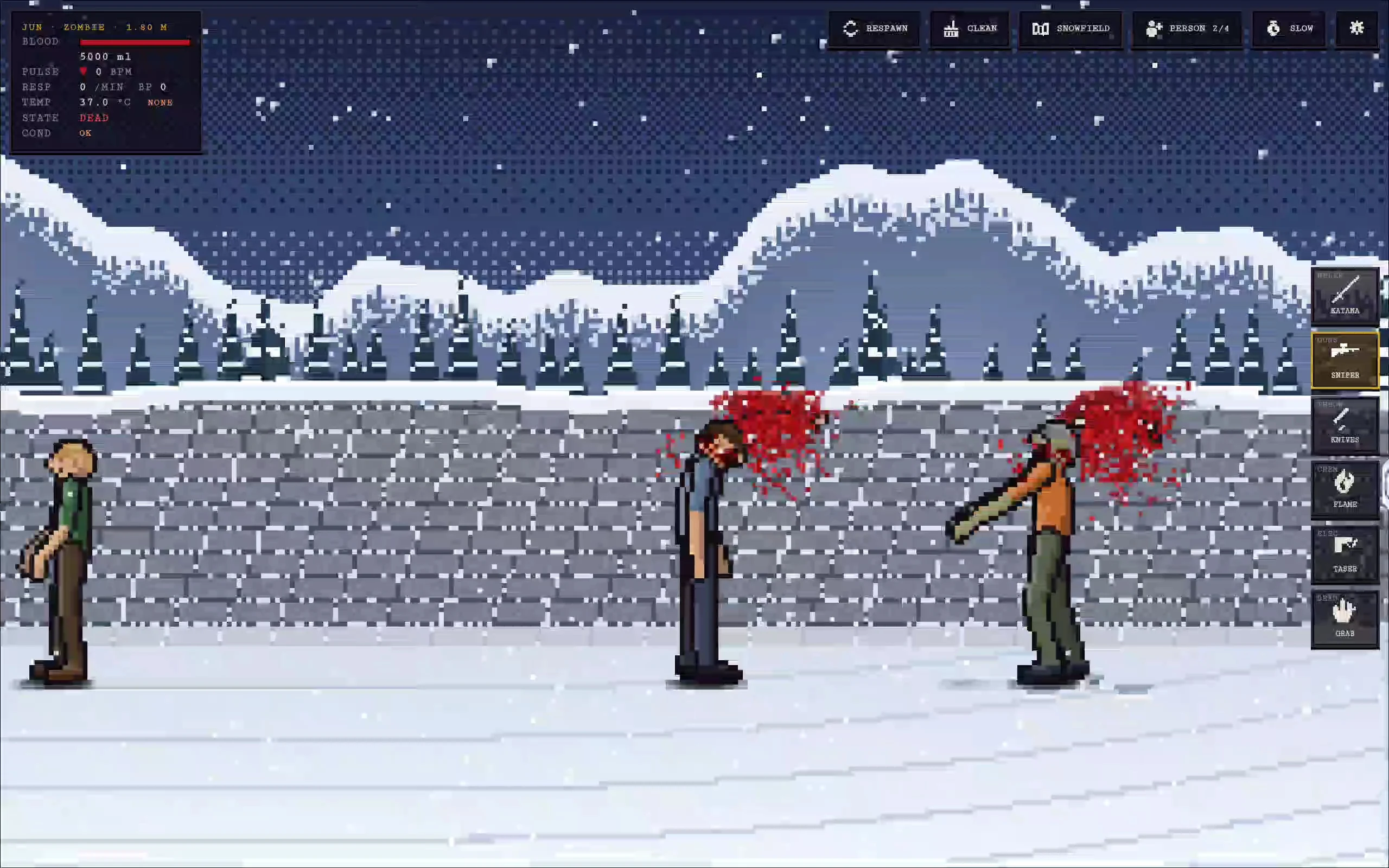 Ragdoll Sandbox snowfield with several characters, the condition panel, and tool buttons