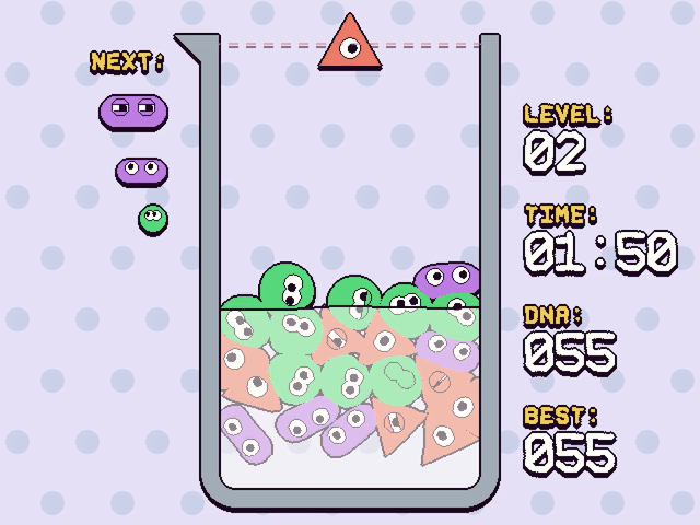 Animated SPLOOB gameplay showing soft cells falling and stacking in a laboratory beaker
