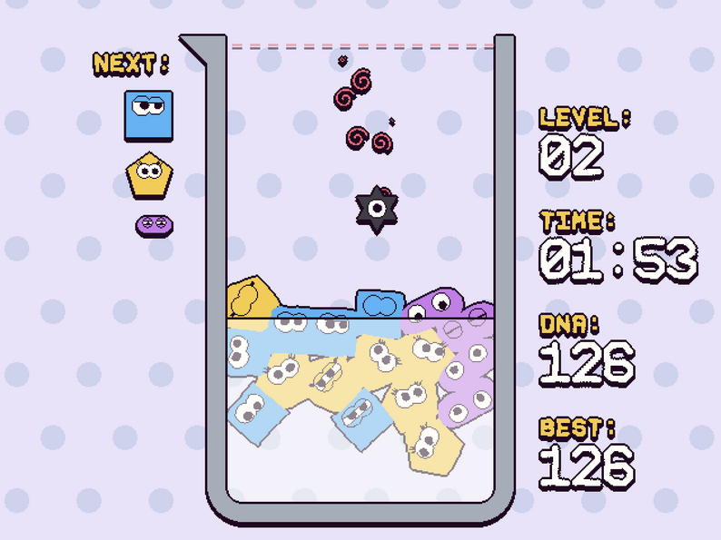 SPLOOB beaker with squashed blue, yellow, and purple cells during level two