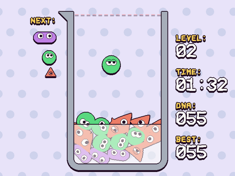 SPLOOB level two with a green cell falling above a compressed pile and a DNA counter