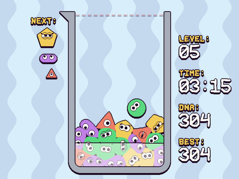 SPLOOB level five with a multicolored cell pile, upcoming pieces, and 304 DNA