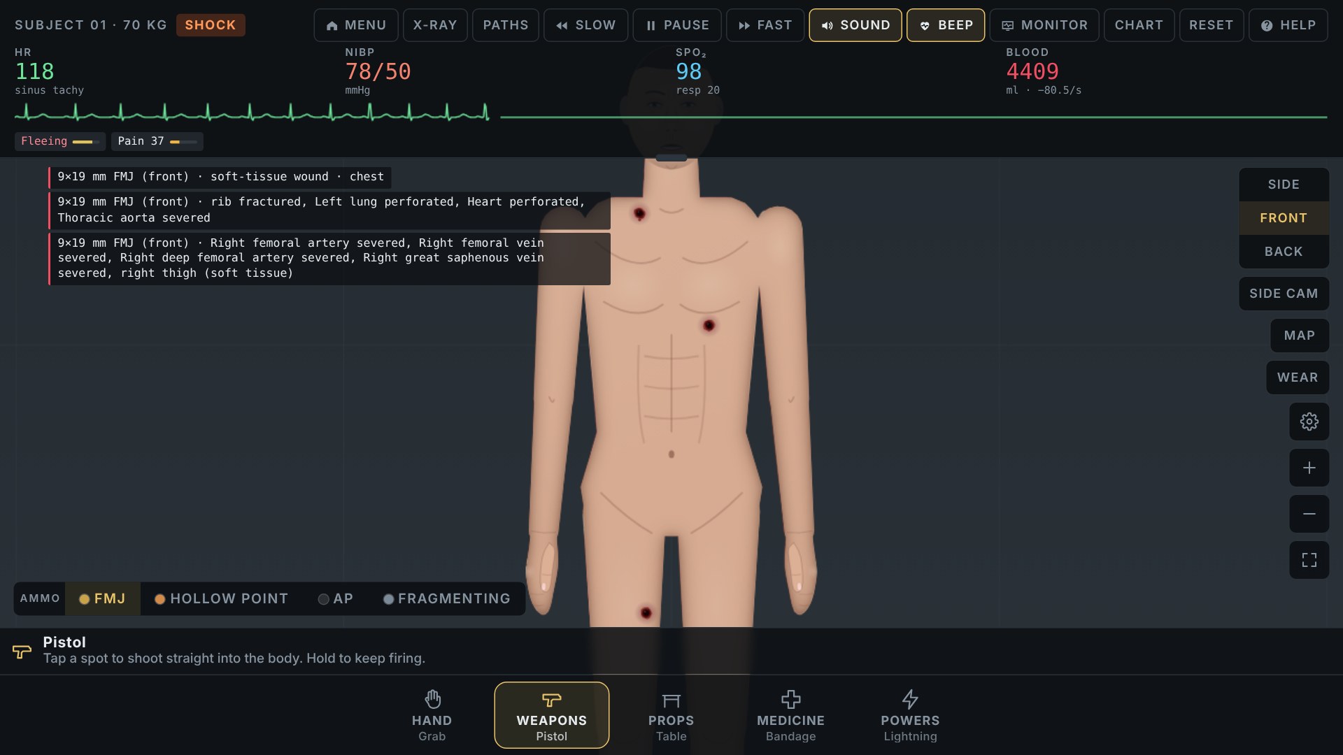 Trauma Lab zoomed front view with camera buttons and tool instructions