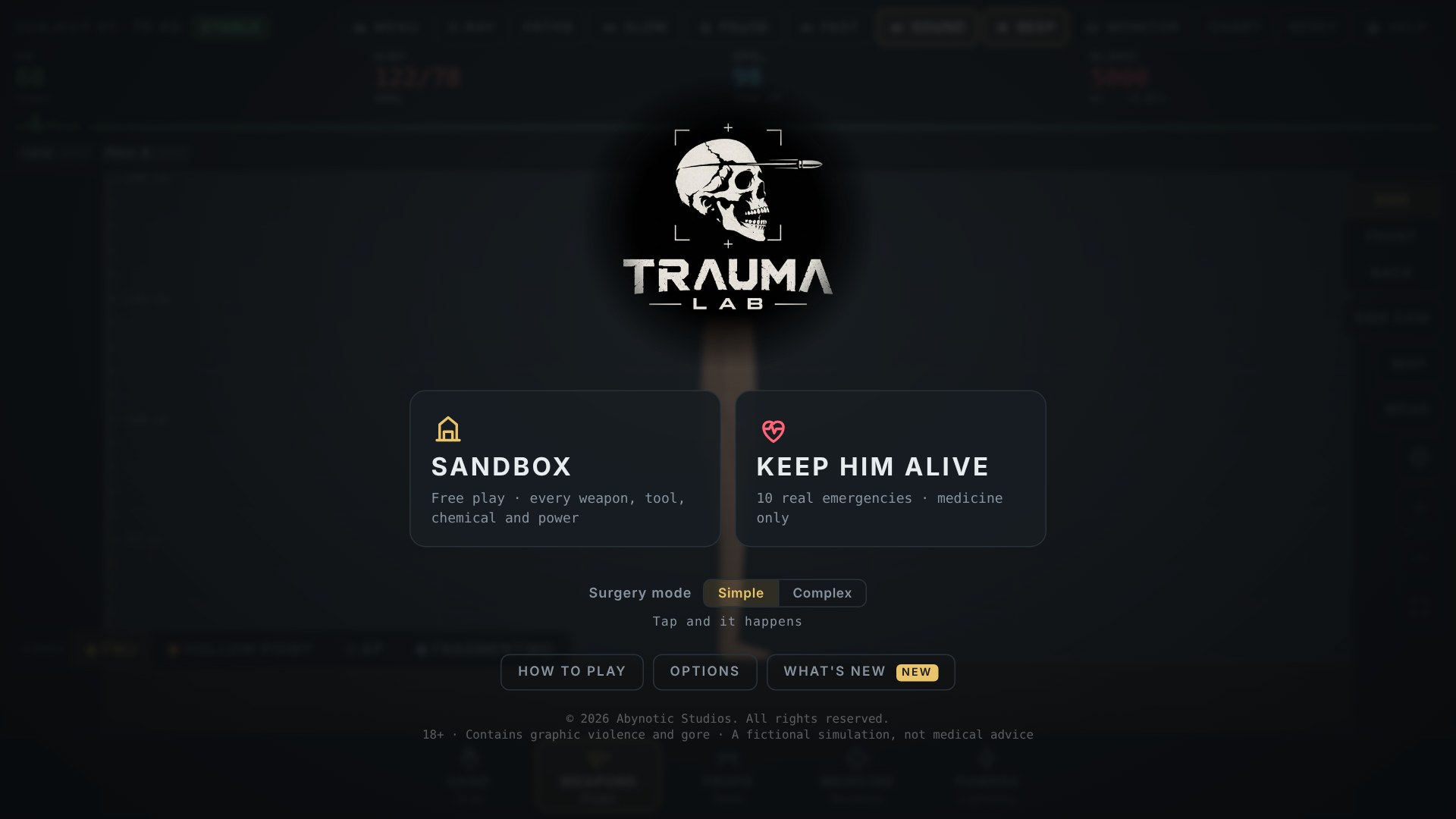 Trauma Lab mode menu with Sandbox, Keep Him Alive, and surgery settings