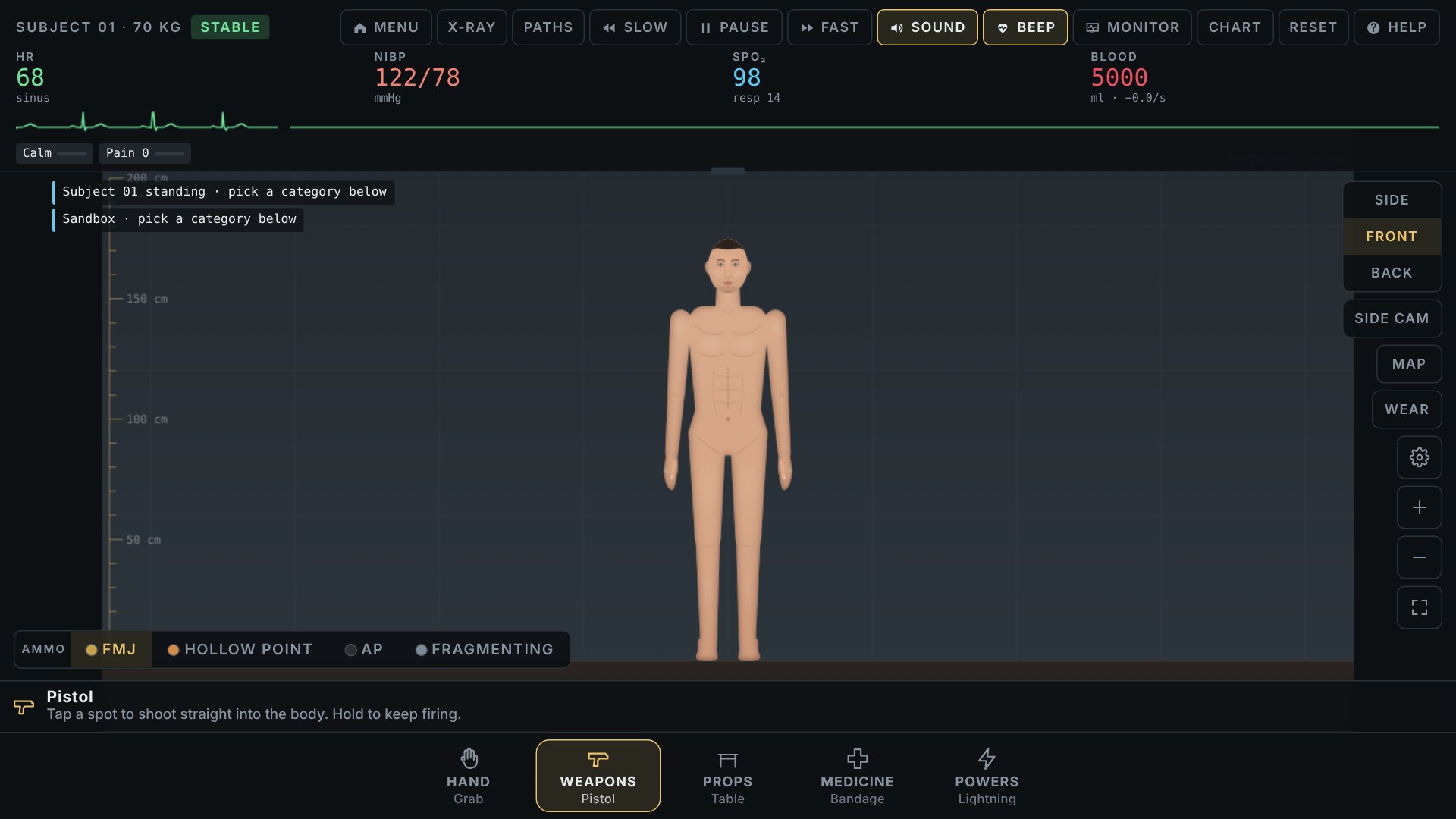 Trauma Lab front view with a stable subject, monitor, and five tool categories