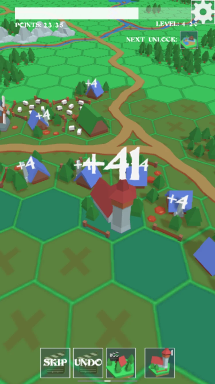 Village Builder church surrounded by blue-roof houses with point bonuses and open neighboring hexes