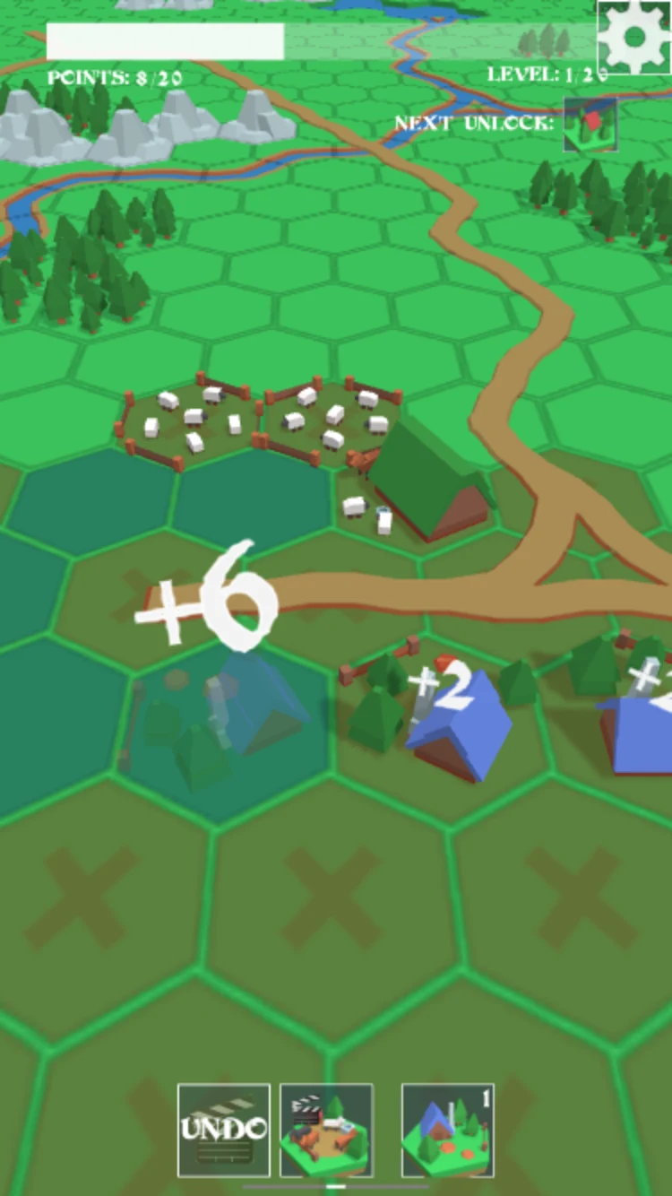 Village Builder blue-roof houses, fenced sheep pastures, and a stable with floating placement bonuses