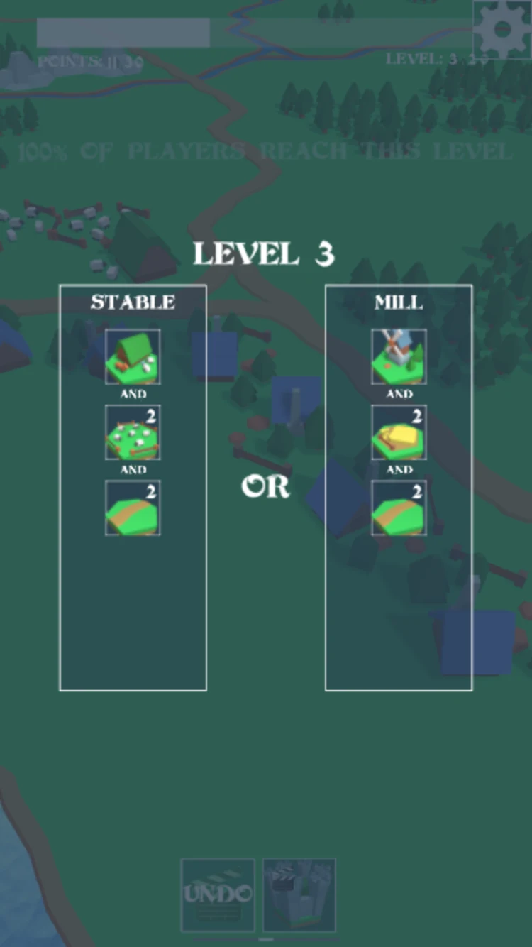 Village Builder level three choice between a Stable pack with pastures and a Mill pack with fields