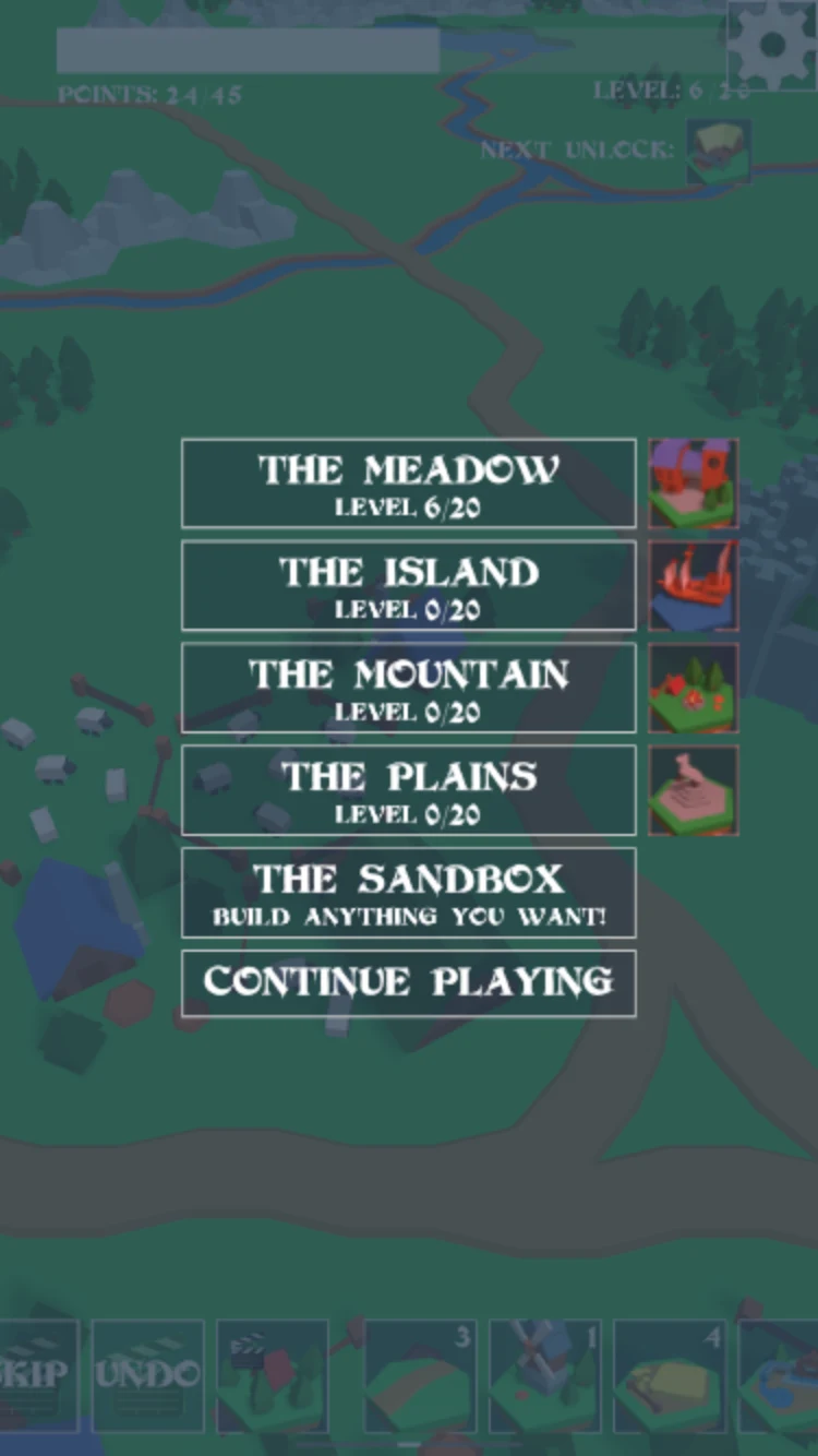 Village Builder menu listing The Meadow, The Island, The Mountain, The Plains, The Sandbox, and Continue Playing